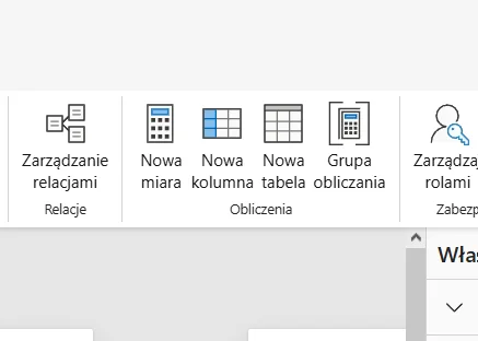 Wstążka Power BI z przyciskami Nowa miara, Nowa kolumna, Nowa tabela i Grupa obliczania