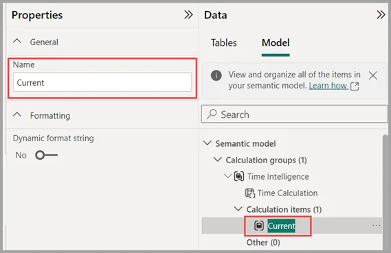 Grupa obliczeniowa Time Intelligence z elementem Current w widoku modelu Power BI