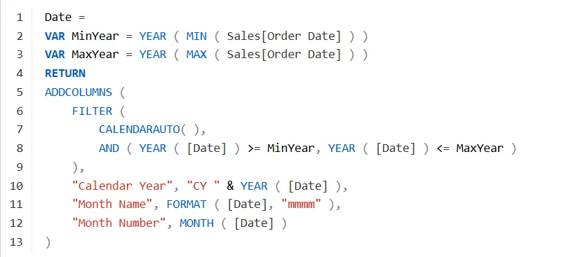 Tabela dat w DAX zbudowana z CALENDARAUTO i ADDCOLUMNS