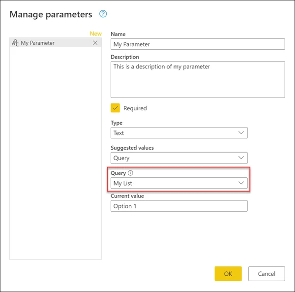 Okno Manage parameters w Power Query z parametrem opartym na liście wartości