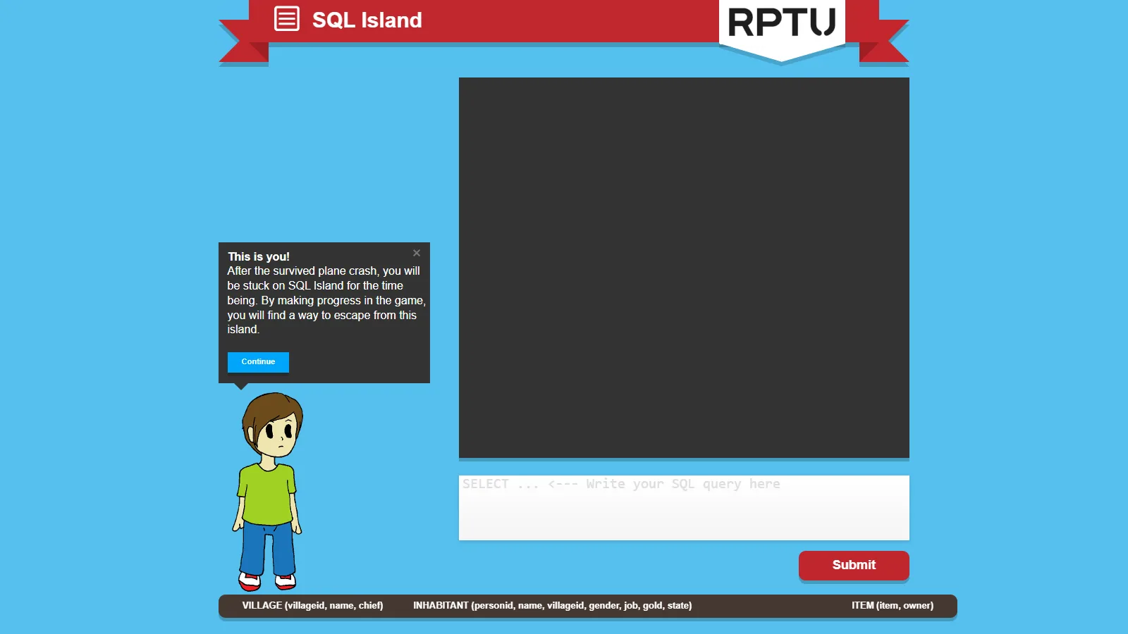 SQL Island: ekran gry z postacią rozbitka i oknem do wpisania zapytania SQL