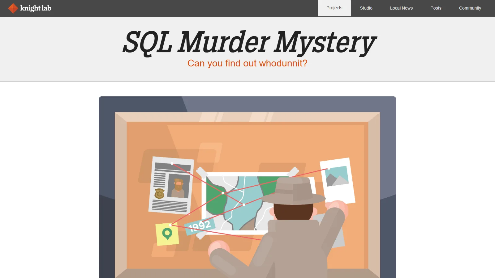 SQL Murder Mystery: strona startowa gry z detektywem przy tablicy z dowodami