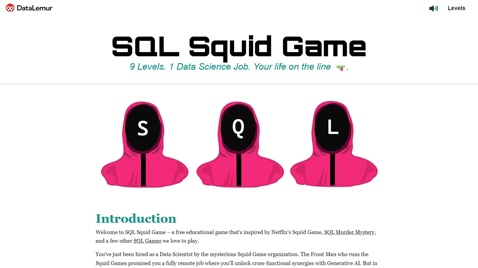 SQL Squid Game od DataLemur: strona startowa gry z dziewięcioma poziomami